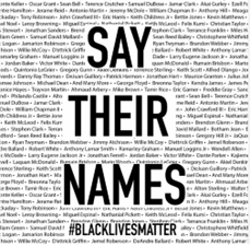 Shows the names of people murdered by police behind large text reading "Say their names #blacklivesmatter."